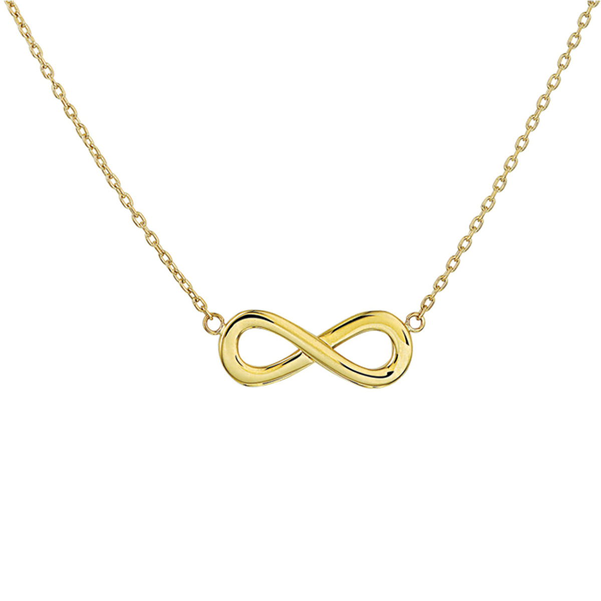 Beschrijving: Infinity is het symbool van nu. Dit fijne collier kan daarom echt niet ontbreken in jouw sieraden-stash! Details: Geelgouden collier met een infinity teken. De lengte van het collier bedraagt 41cm met 4cm extensie. De schakelbreedte bedraagt 1.0mm. Het collier is onderdeel van een set. 
Verpakt per: 1
Doelgroep: dames
Breedte: 7 mm
Kortste lengte: 41 mm
Langste lengte: 45 mm
Hoogte: 19 mm