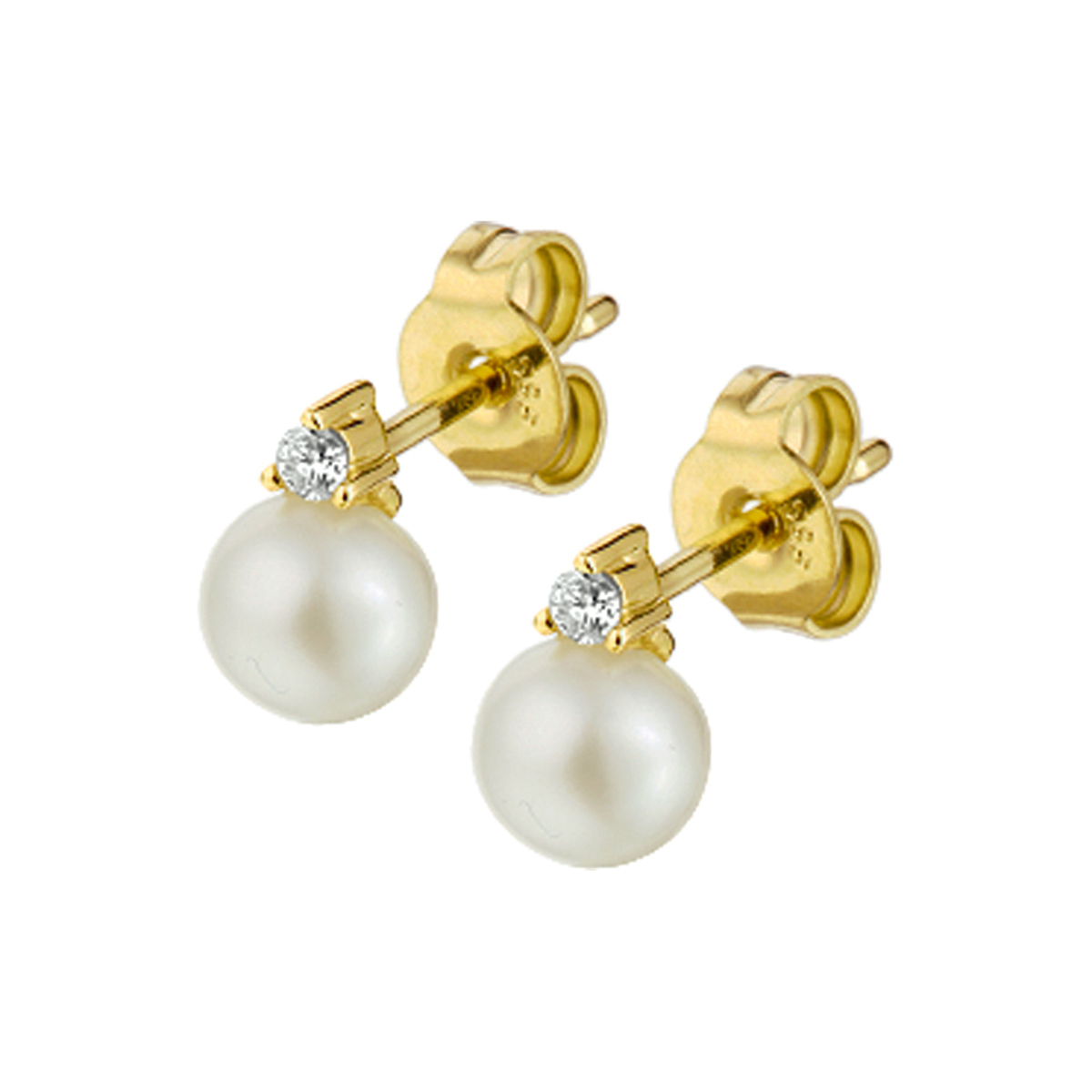 Gouden Oorstekers met Parel en Diamant 2 x 0.025 ct