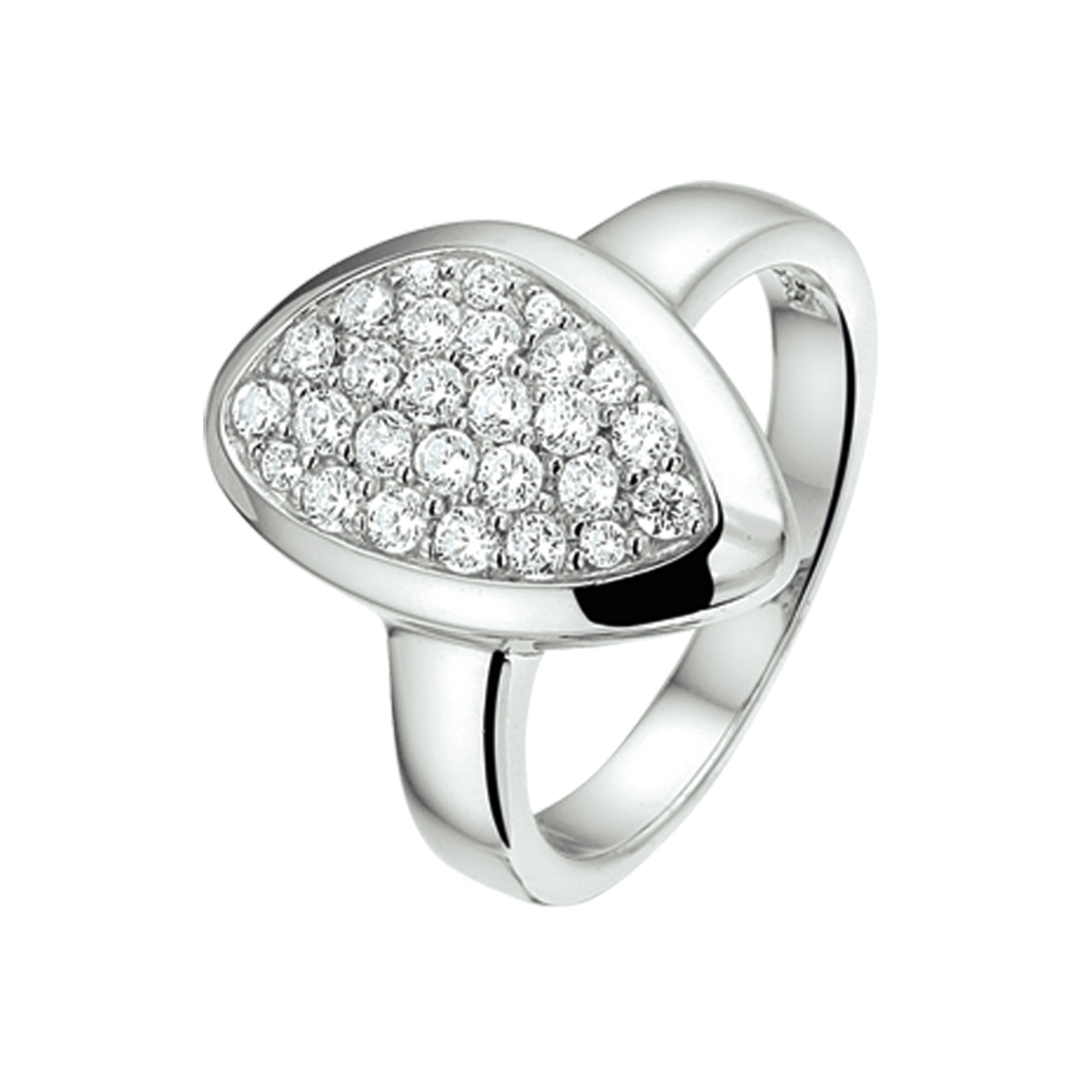 Beschrijving: Gerhodineerd zilveren ring met zirkonia. 
Uniekenummer serie: 33367
Doelgroep: dames
Ringmaat: 17.25 mm (54)
Breedte: 16.5 mm
Zetting: pave
