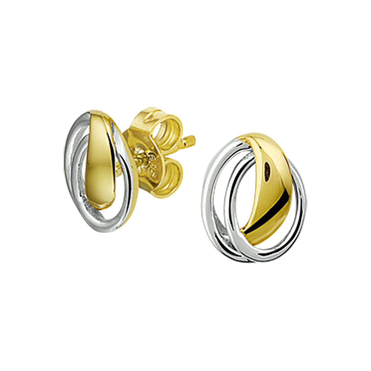 Bicolor wit- en geelgouden gestifte oorknoppen. 
Doelgroep: dames
Breedte: 9.5 mm
Hoogte: 7.5 mm