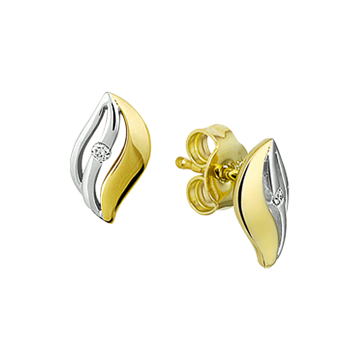 Beschrijving: Bicolor wit- en geelgouden gestifte oorknoppen met diamant. 
Verpakt per: 1
Doelgroep: dames
Breedte: 6 mm
Hoogte: 10 mm