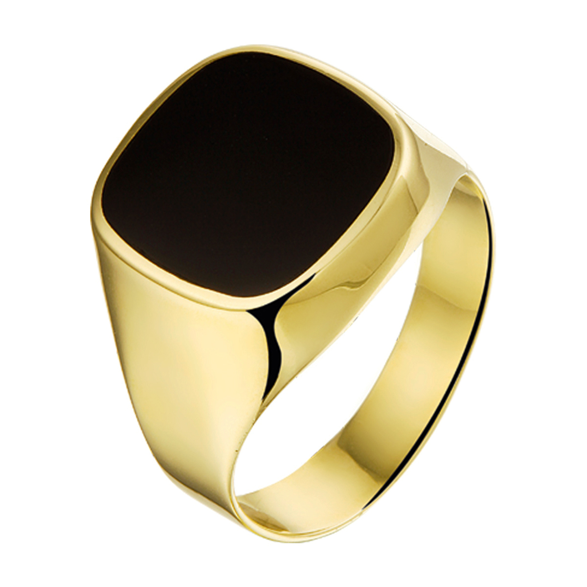 Geelgouden zegelring met zwart onyx.