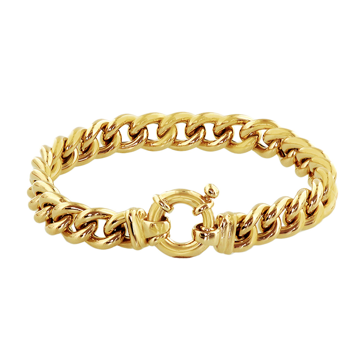Geelgouden armband met gourmet schakel. De lengte bedraagt 19cm en de schakelbreedte is 9mm.