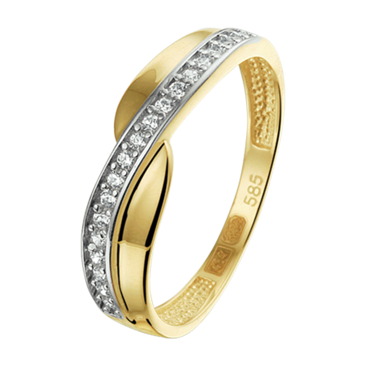 Ring zirkonia bicolor geel- en witgoud gestift.