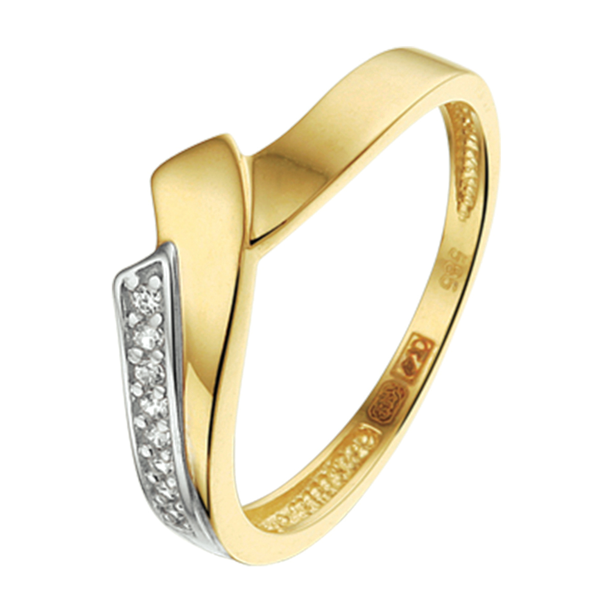 Ring zirkonia bicolor geel- en witgoud gestift.