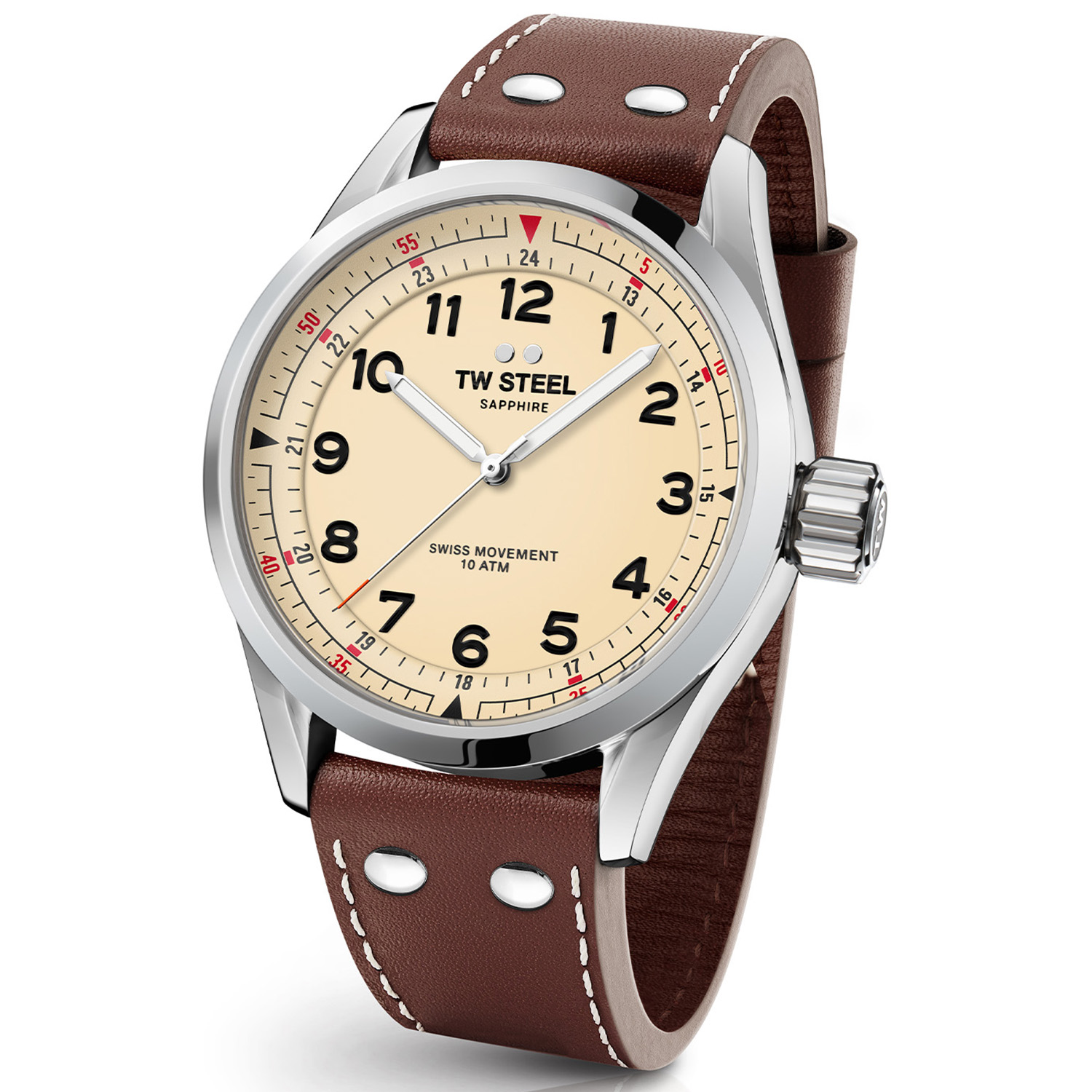 Deze Swiss Volante is voorzien van een glanzende 45mm stalen kast met saffierglas en een crèmewitte wijzerplaat. De SVS101 onderscheidt zich verder door het Swiss made uurwerk en de kalfslederen Italiaanse band.