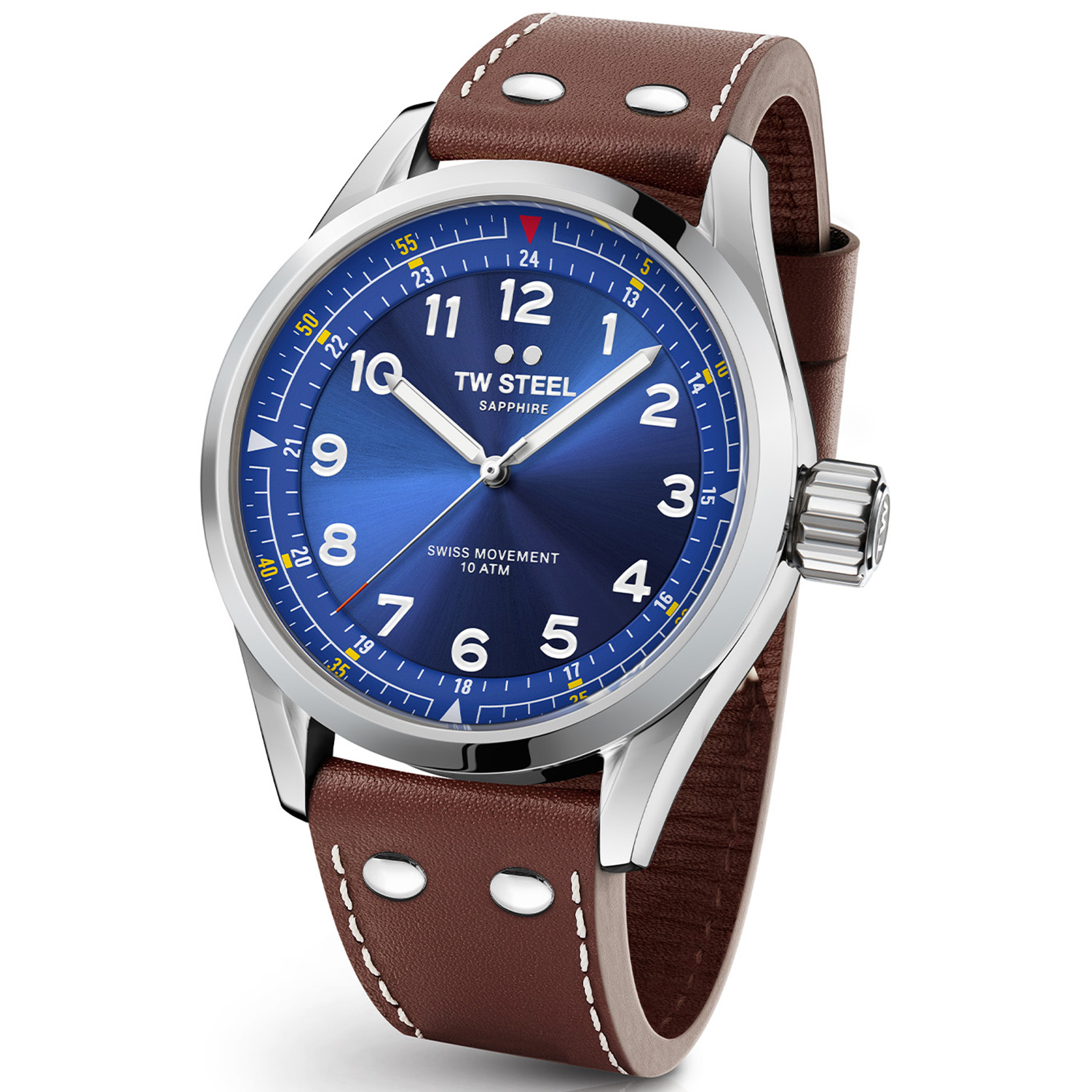 Deze Swiss Volante is voorzien van een glanzende 45mm stalen kast met saffierglas en een blauwe sunray wijzerplaat. De SVS102 onderscheidt zich verder door het Swiss made uurwerk en de kalfslederen Italiaanse band.