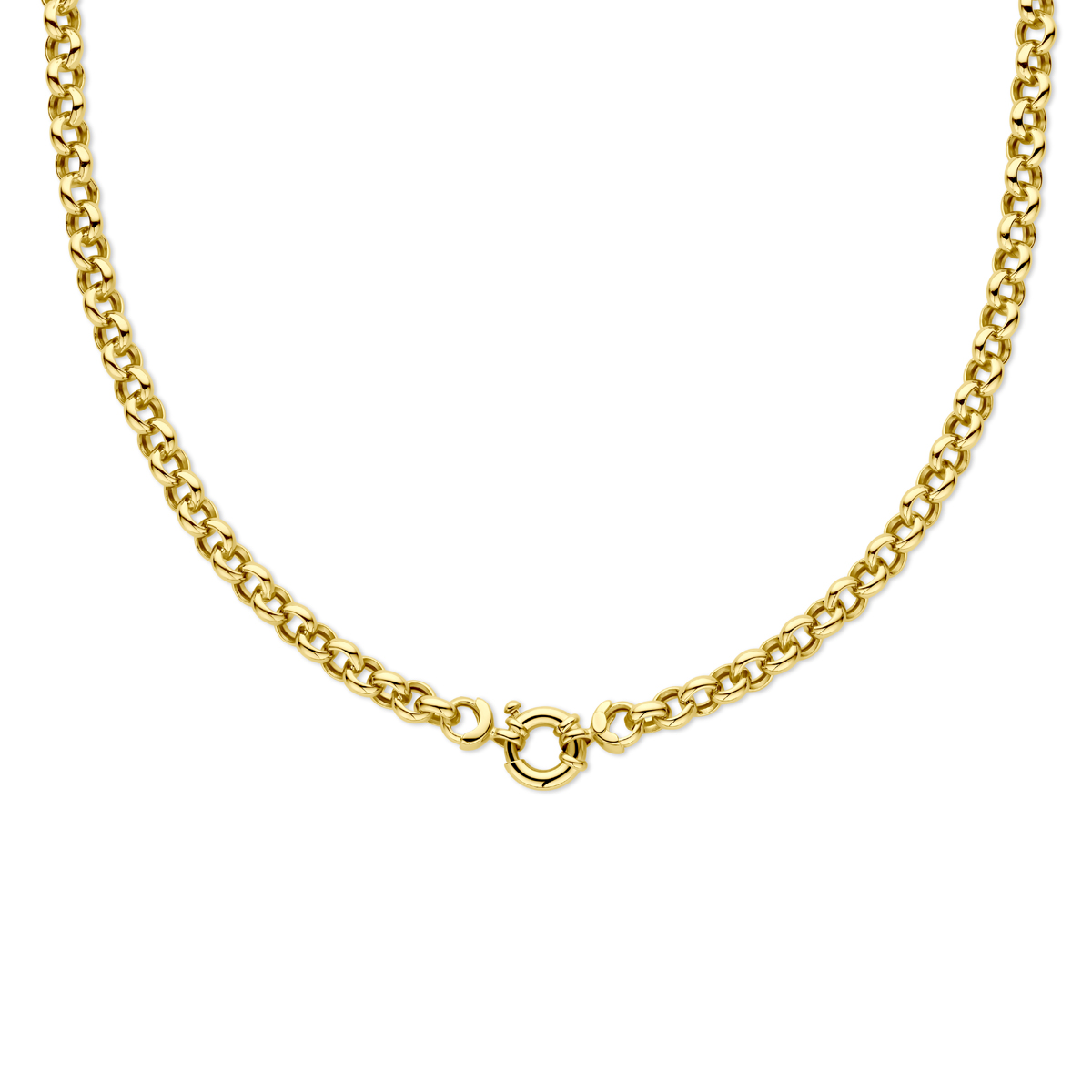 Geelgouden collier met jasseron schakel. De lengte bedraagt 45cm en de schakelbreedte is 6.5mm.