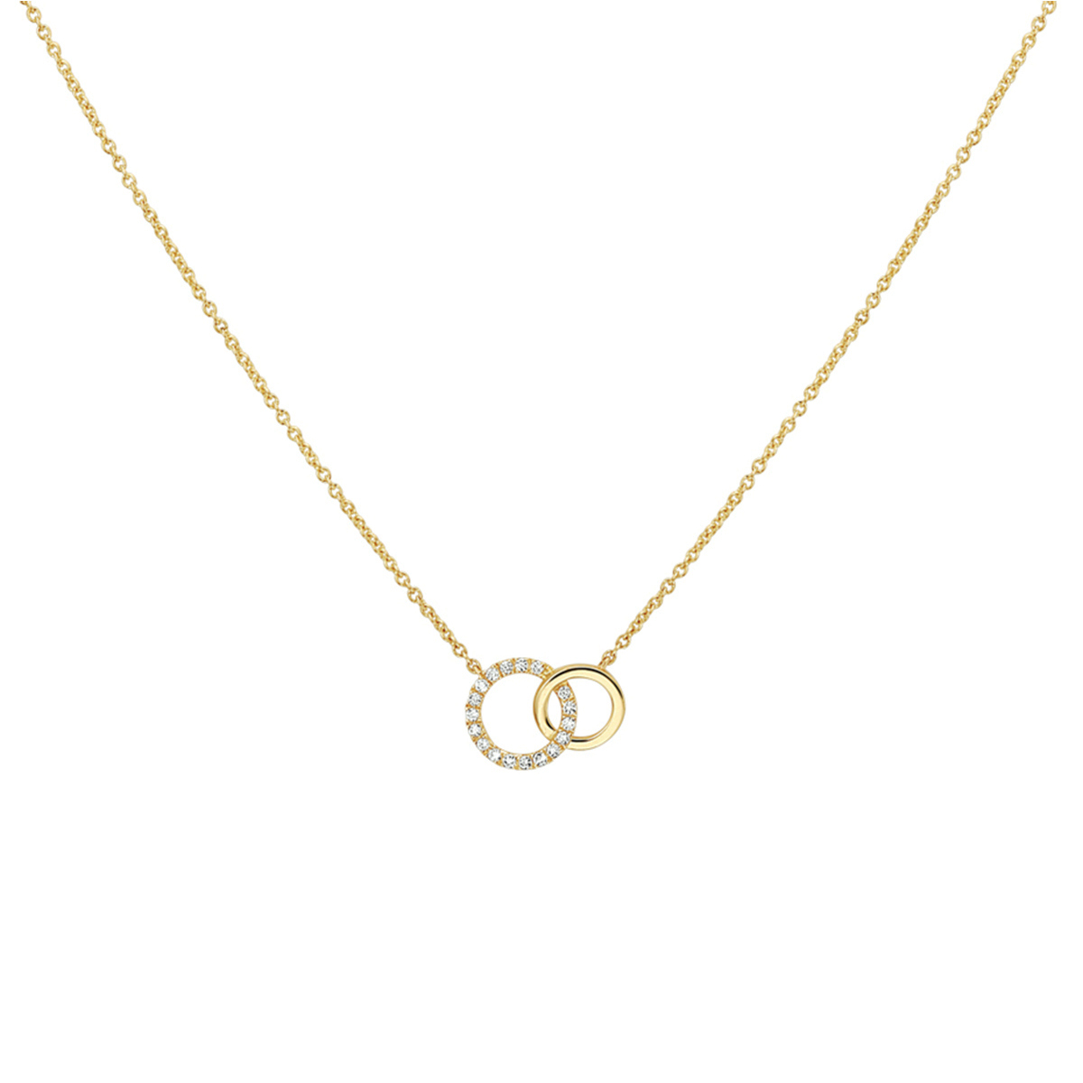 Geelgouden collier met diamant 0.08 ct. en twee cirkels. De lengte bedraagt 41 - 43 - 45cm en de schakelbreedte is 1.0mm.