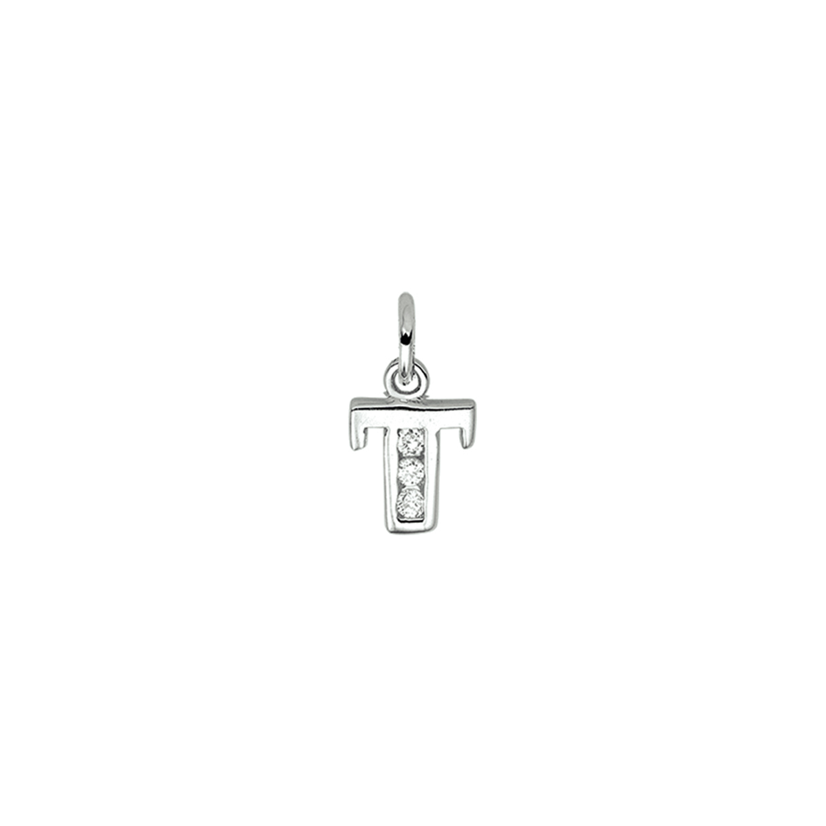 Gerhodineerd zilveren hanger letter T met een hoogte van 10.5mm en een breedte van 7.5mm. Uitgevoerd met een schitterende rij van zirkonia.
