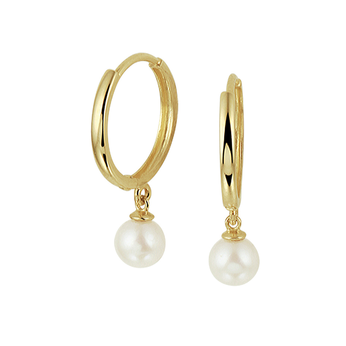Geelgouden parel klapoorringen met een stevige scharnier sluiting. De klapoorringen hebben een diameter van 13mm en een buisdikte van 1.5mm. De zoetwaterparel heeft een doorsnede van 4.5mm.