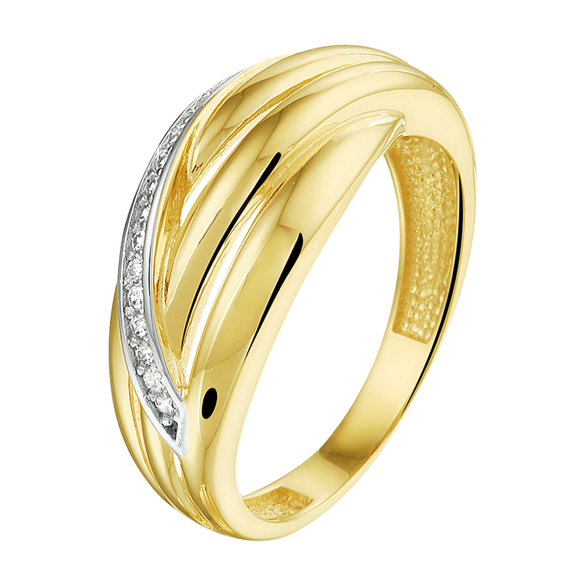 Geelgouden ring met een breedte van 8.5mm uitgevoerd met een luxe rijzetting van briljant gesplepen zirkonia..