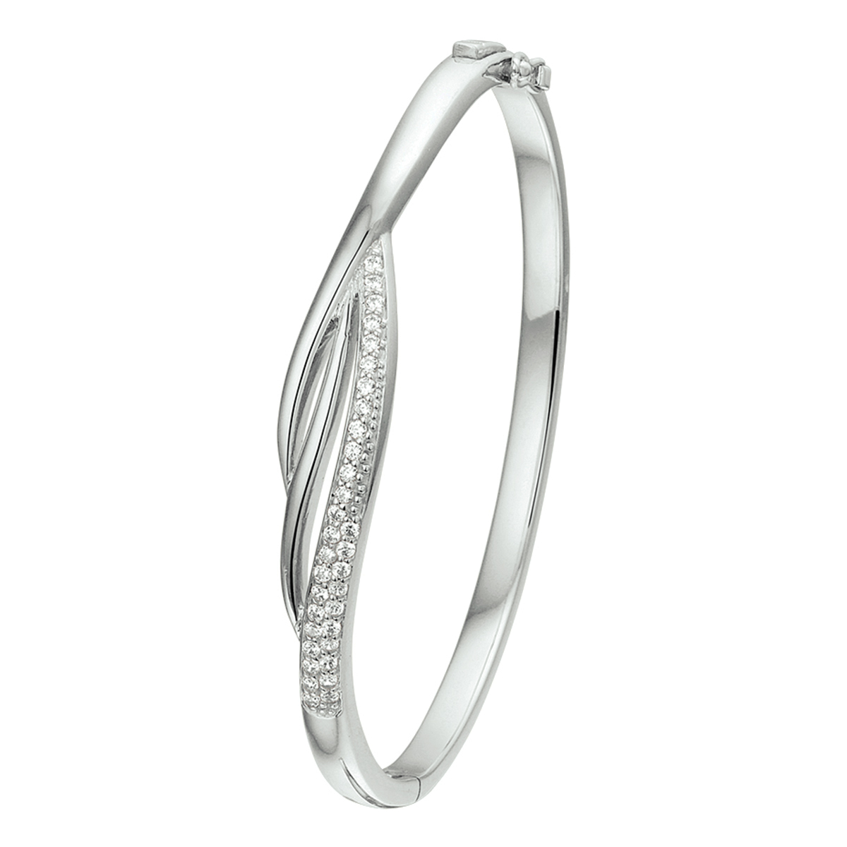 Beschrijving: Gerhodineerd zilveren slavenarmband met zirkonia. 
Verpakt per: 1
Doelgroep: dames
Breedte: 9 mm
Zetting: pave