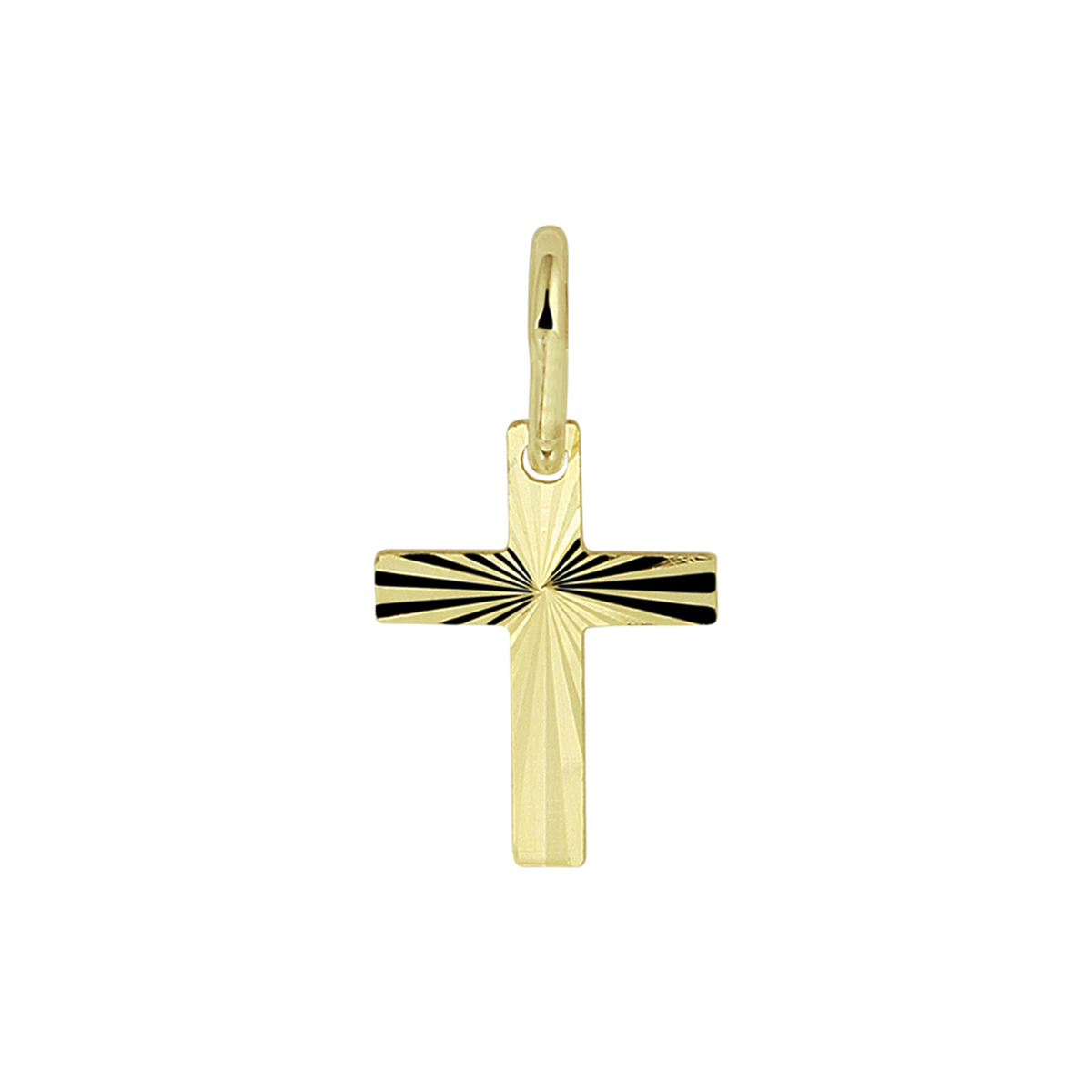 Geelgouden massieve kruis hanger met een afmeting van 10x7.5mm uitgevoerd met een stevig hangoog. Tip: Deze hanger is te combineren met bijpassende colliers uit onze collectie!