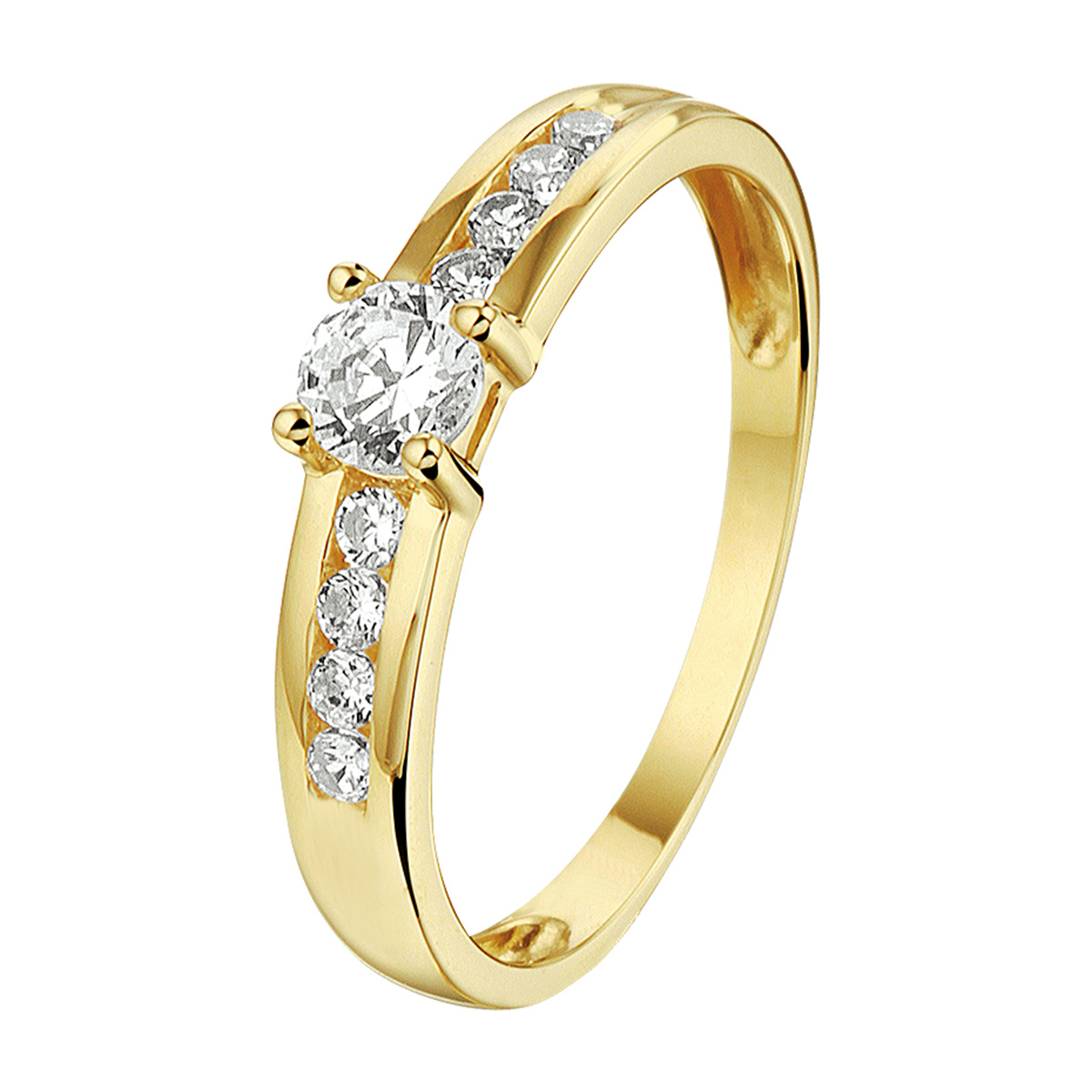 Gouden Solitaire Ring met Zijstenen 