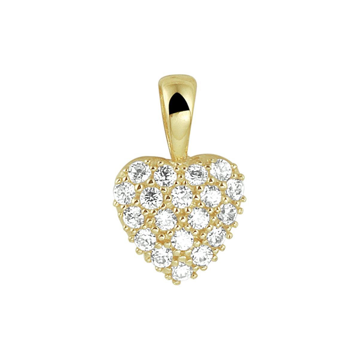 Geelgouden hanger in de vorm van een hart vol met schiterende zirkonia. Het hartje heeft afmetingen van 7.5x7.5mm en is uitgevoerd met een stevig vast hangoog. Tip: Leuk om kado te geven aan een dierbare of geliefde.