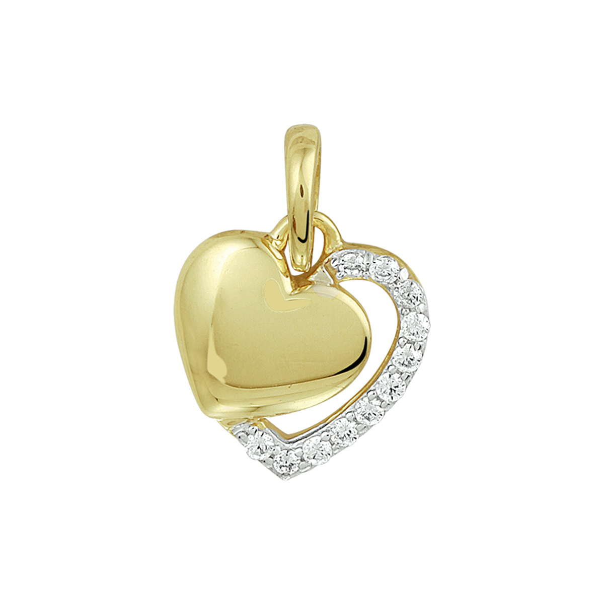 Beschrijving: Romantische geelgouden hart hanger met een afmeting van 11x11.5mm uitgevoerd met een schitterende rij van zirkonia. De hanger is ook goed te combineren met een bijpassend collier uit onze collectie. De combinatie van de sprankelende zirkonia en het bijzondere hart is een originele toevoeging aan jouw sieradencollectie!