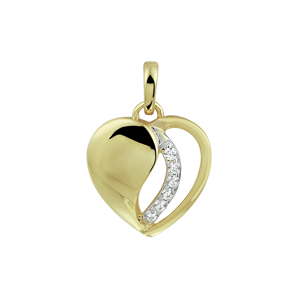 Beschrijving: Romantische geelgouden hart hanger met een afmeting van 12.5x12.5mm uitgevoerd met een schitterende rij van zirkonia. De hanger is ook goed te combineren met een bijpassend collier uit onze collectie. De combinatie van de sprankelende zirkonia en het bijzondere hart is een originele toevoeging aan jouw sieradencollectie!