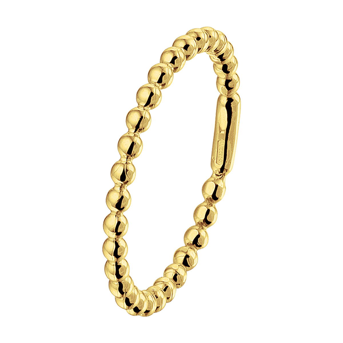 Stijlvol simplistische geelgouden ring van 2mm breed uitgevoerd met een scheen van bolletjes in een poli afwerking. De ring is ook verkrijgbaar in het witgoud en rosegoud.
