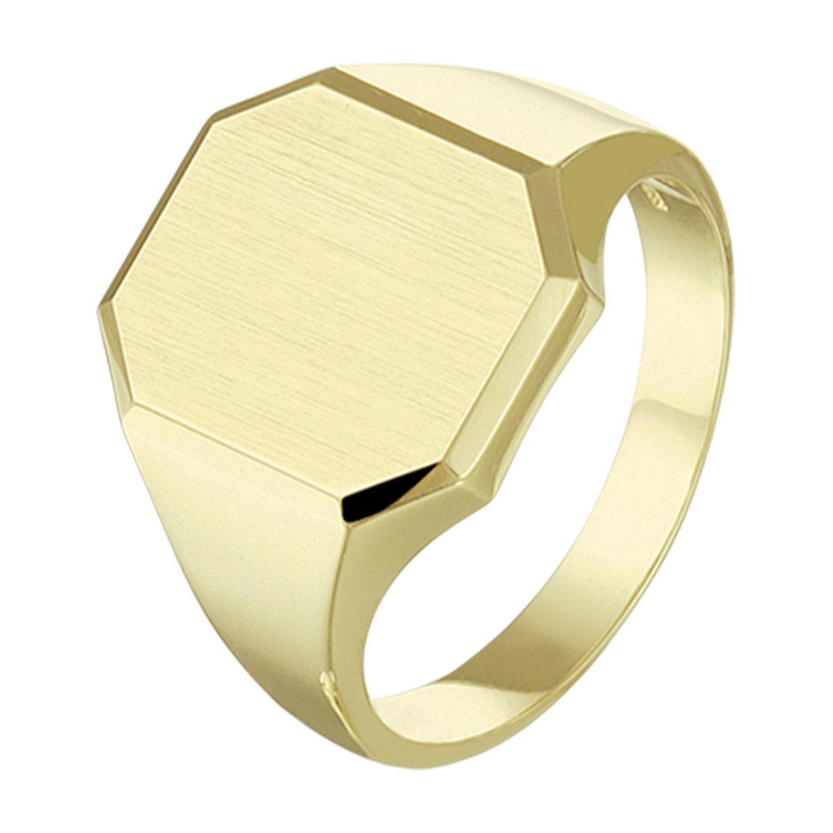 Stijlvolle geelgouden massieve graveerring met een afmeting van 16.5x14.5mm. De gediamanteerde afwerking en de robuuste afkantingen maken de ring helemaal af. De ring geeft je look direct een chique uitstraling.