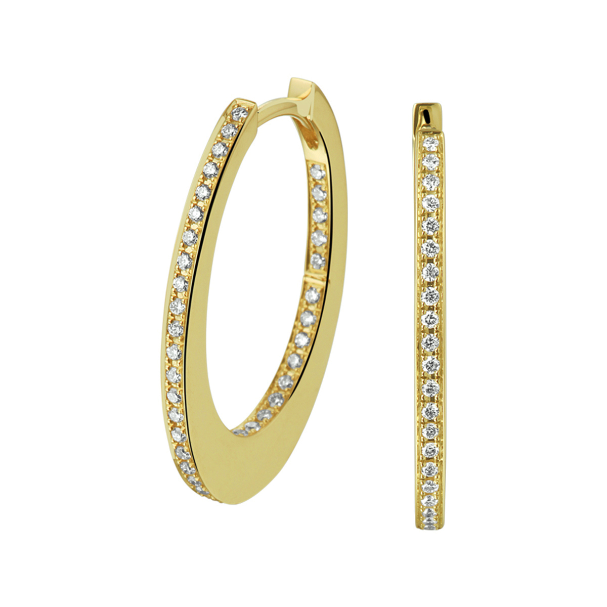 Stijlvolle 14krt geelgouden klapoorringen met een schitterende diamant rij 0,28crt (2x0,14crt) H SI en een poli afwerking. De oorringen zijn uitgevoerd met een stevige scharnier sluiting.