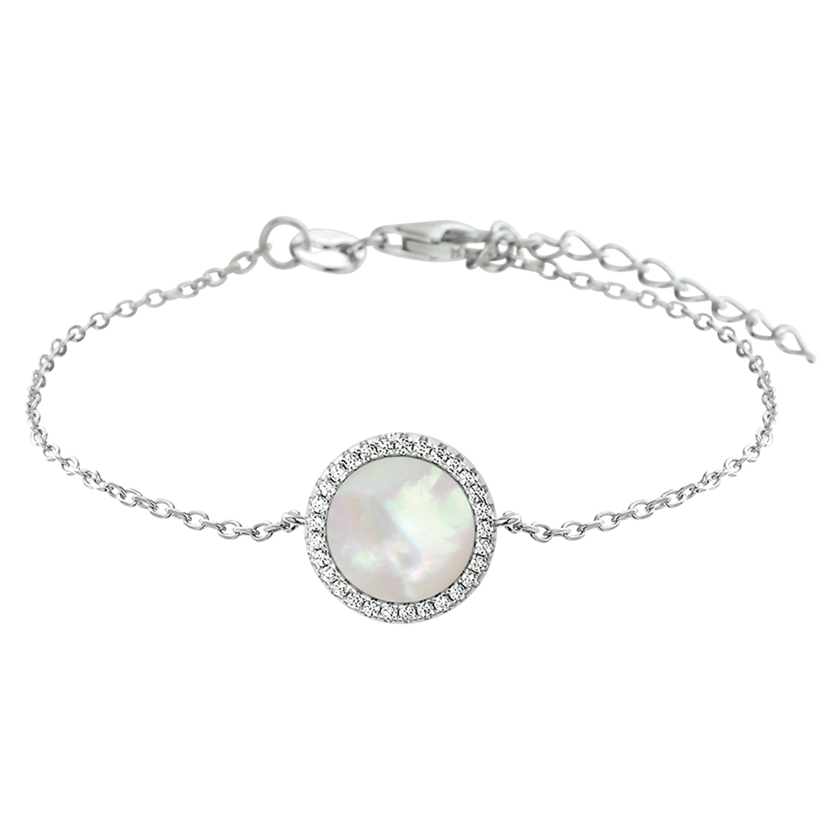 Gerhodineerd 925 zilveren armband met een parelmoer rondje van 13mm en heldere zirkonia. De lengte bedraagt 16.5cm met 3cm extensie en de schakelbreedte bedraagt 1.3mm. De armband is te combineren met bijpassende sieraden uit onze collectie.