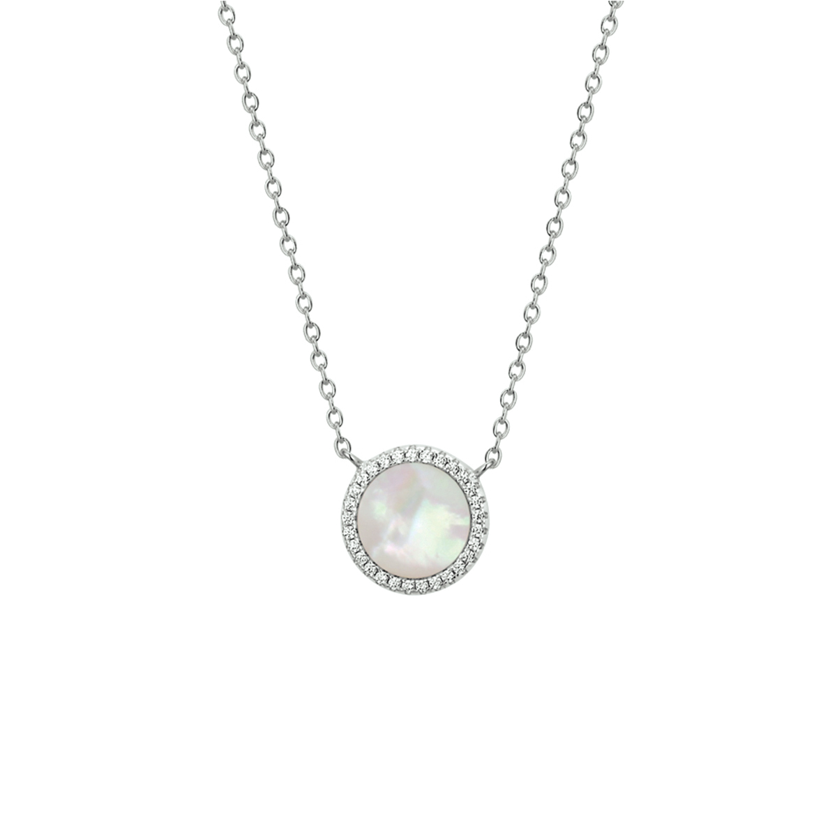 Zilveren collier met een parelmoer rondje en zirkonia. De lengte bedraagt 40cm met 5cm extensie en de schakelbreedte bedraagt 1.3mm.