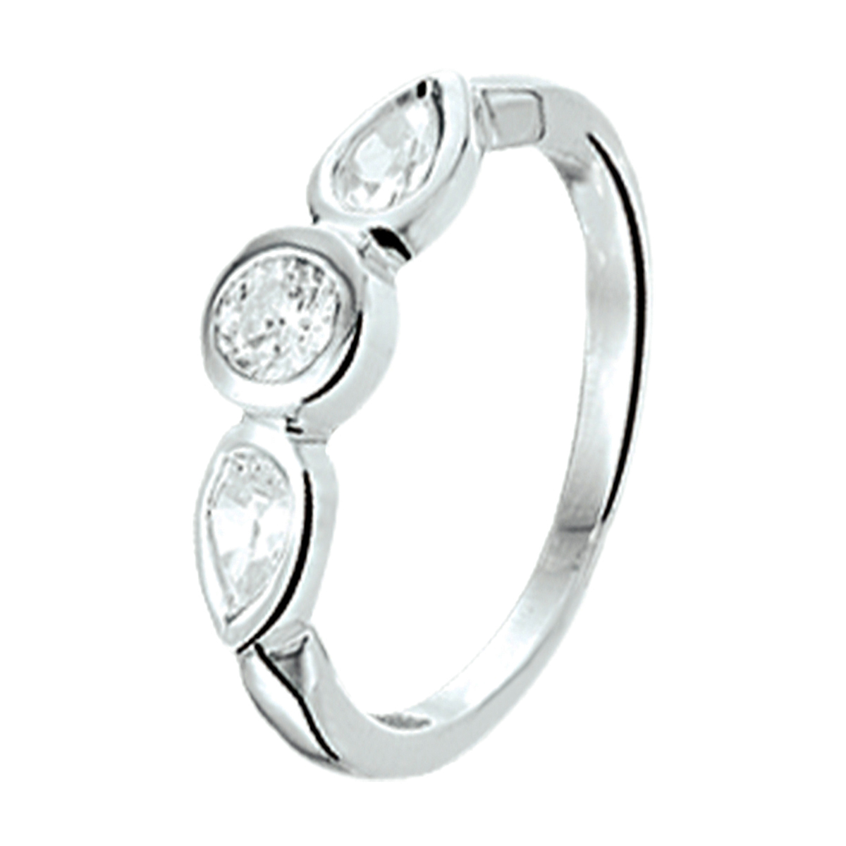 Trendy gerhodineerd zilveren ring van 5mm breed en uitgevoerd met drie luxe geslepen zirkonia in een stevige zetkast. De ring is verkrijgbaar in verschillende maten. Tip: Perfect kado voor jonge meiden die willen stralen met trendy sieraden! INFO: Gerhodineerd zilver is door de rhodiumlaag beter bestand tegen verkleuren en krassen.