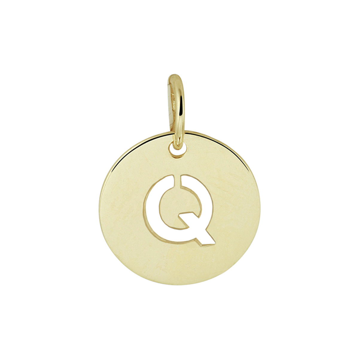 Geelgouden ronde letter Q hanger. De hanger heeft een diameter van 10mm en een totale hoogte van 13mm. Tip: Combineer deze betekenisvolle hanger met een bijpassend collier en geef deze cadeau aan een speciaal persoon.