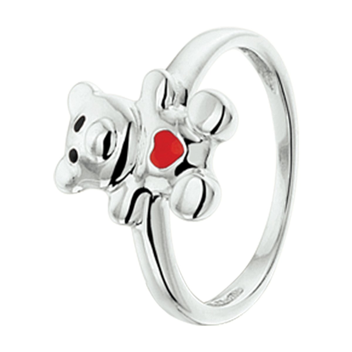 Gerhodineerd zilveren beer ring uitgevoerd met rood hart van emaille. De ring is er in verschillende maten en heeft een breedte van 9.5mm. U kunt deze ring combineren met bijpassende sieraden onze collectie