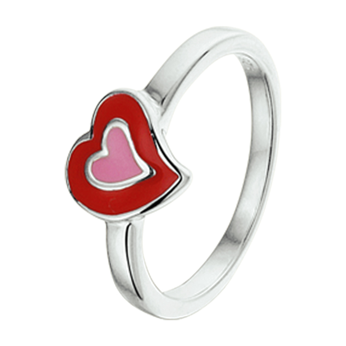 Schattige gerhodineerd zilveren ring met rode en roze emaille hart. De ring heeft een breedte van 7.5mm en is verkrijgbaar in verschillende maten. De ring is te combineren met bijpassende sieraden uit onze collectie. Tip: Leuk om kado te geven! INFO: Gerhodineerd zilver is door de rhodiumlaag beter bestand tegen verkleuren en krassen.