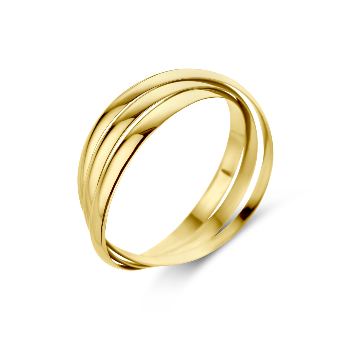14k Geelgouden ring bestaande uit 3 in elkaar geplaatste losse ringen. De losse ringen hebben elk een breedte van 1.9mm.