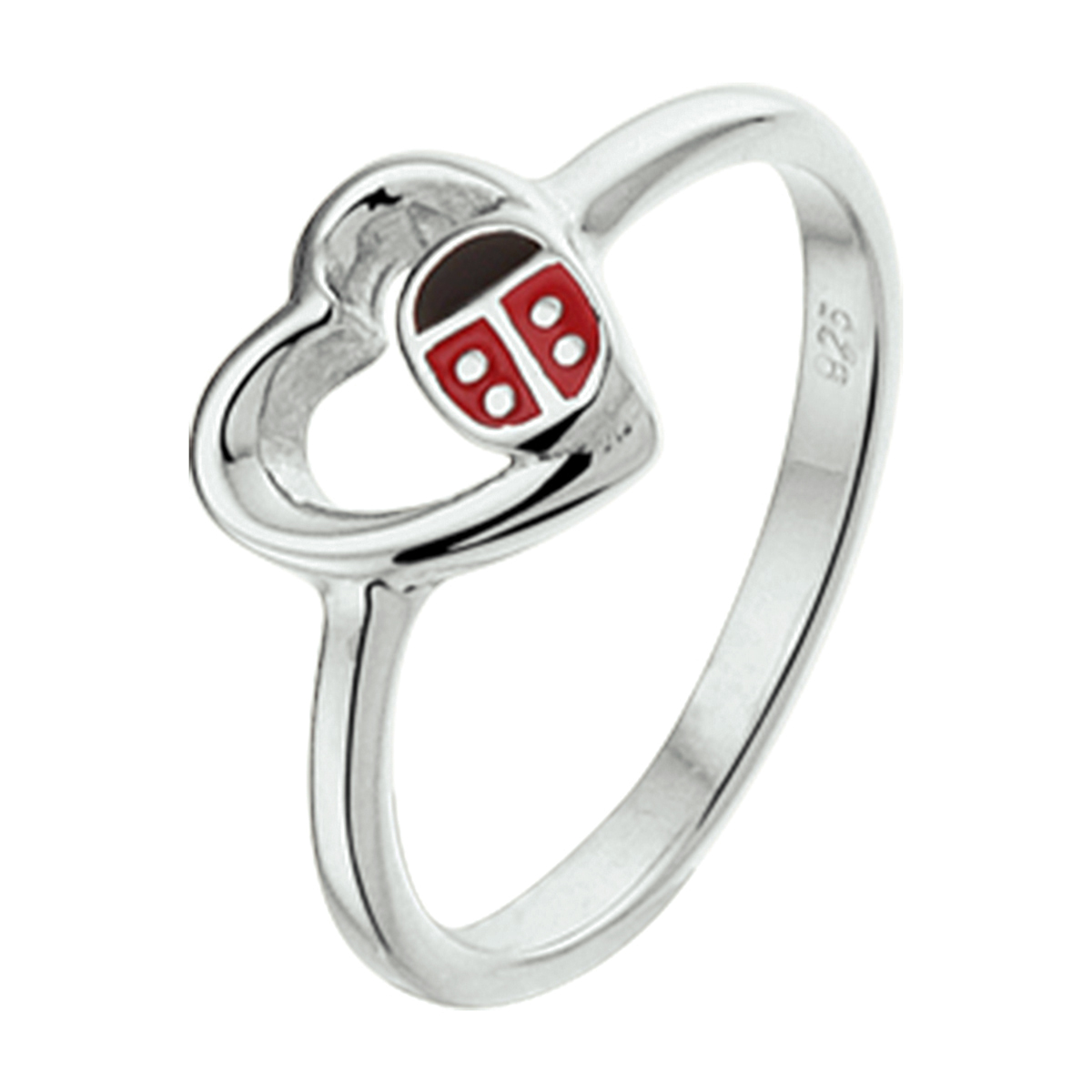 Schattige gerhodineerd zilveren ring met opengewerkt hart en een lieveheersbeestje van emaille. De ring heeft een scheen van 1.6mm en een breedte van 7mm en is verkrijgbaar in verschillende maten. De ring is te combineren met bijpassende sieraden uit onze collectie in allerlei mogelijke combinaties!. Tip: Leuk om kado te geven! INFO: Gerhodineerd zilver is door de rhodiumlaag beter bestand tegen verkleuren en krassen.