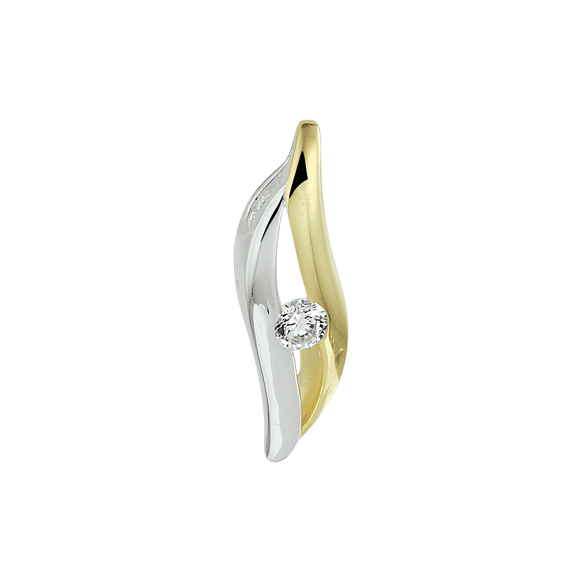 Een klassiek sieraad in 14k geel- en witgoud. In het midden van het ontwerp vind je een briljant geslepen zirkonia steen. De hoogte van de hanger is 17,5mm en de breedte 6mm. Deze hanger hangt het mooist aan een omega collier, maar is ook prima te combineren met een schakelcollier naar keuze.