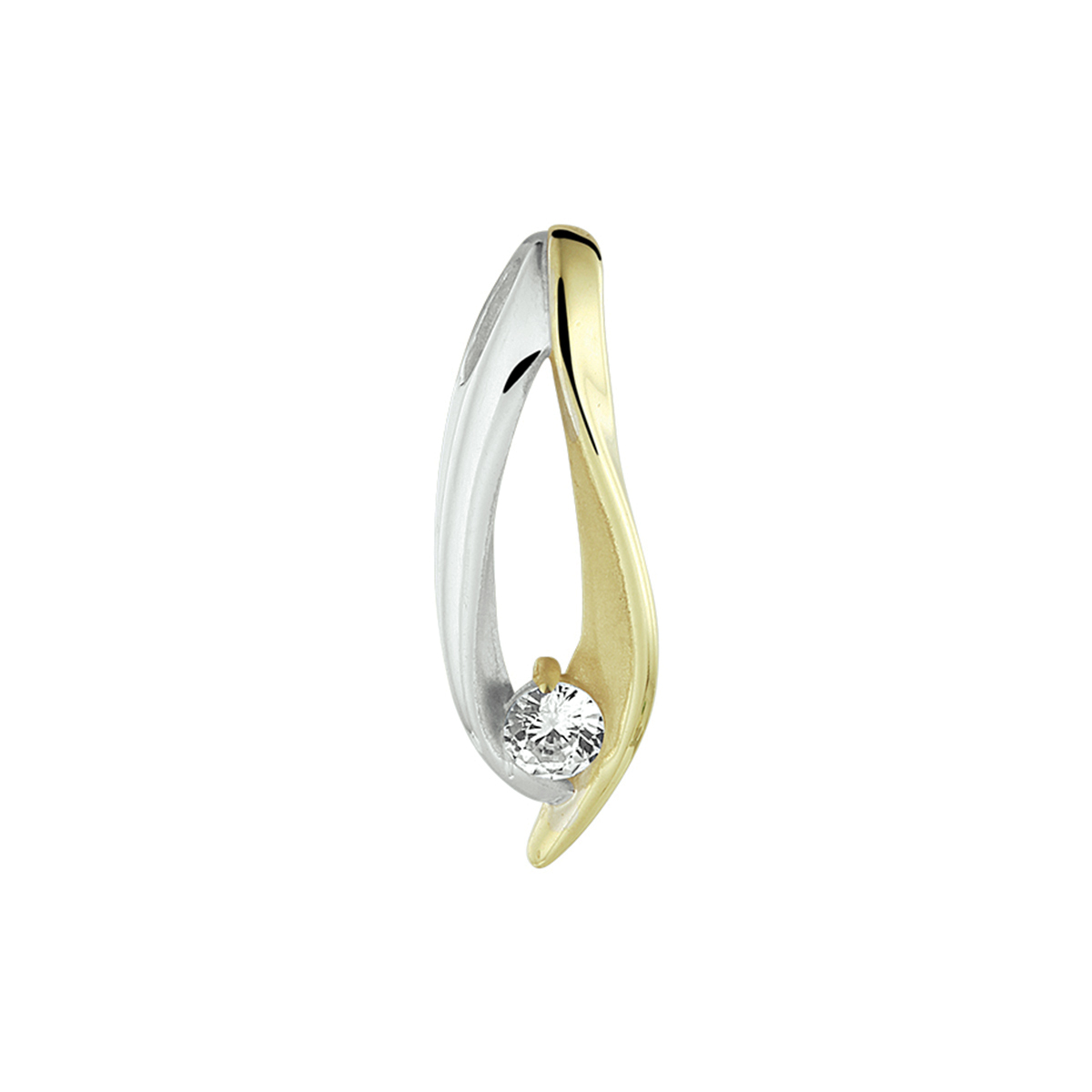 Beschrijving: Deze bicolor hanger met 14k wit- en geelgoud is toch een plaatje? In het ontwerp vind je een zirkonia steen. De bedel is 20,5mm hoog en 7mm breed. Tip: combineer deze met een gouden omega collier.