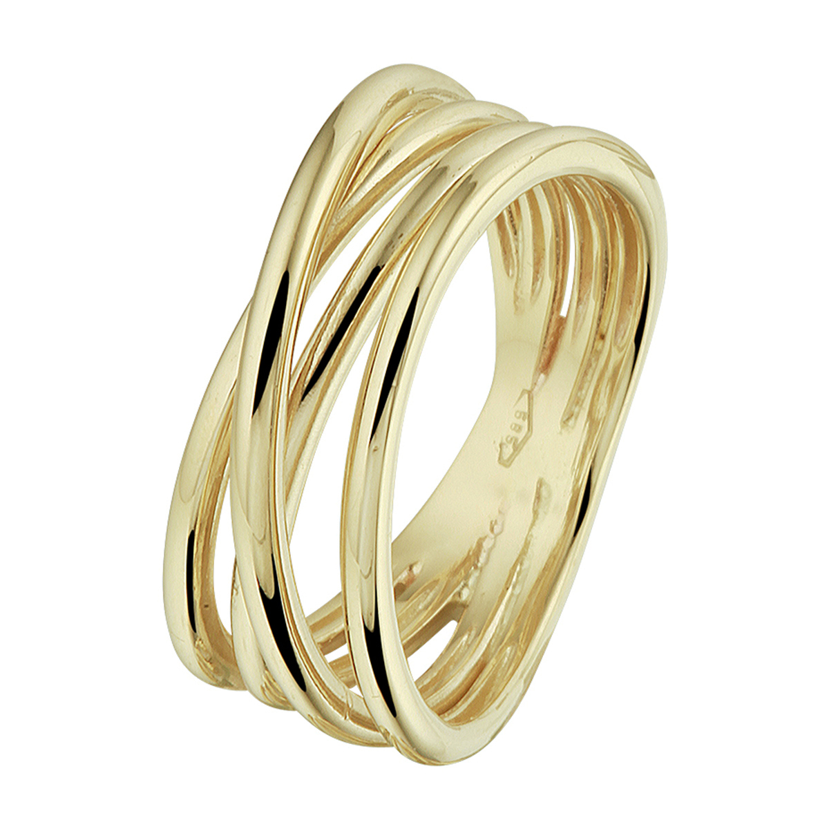 Deze 14K geelgouden damesring is een gaaf alternatief voor de aanschuifring: er lijken vier ringen verwerkt door de verschillende banen die speels over elkaar lopen. De ring is op het breedste punt 8,5mm.