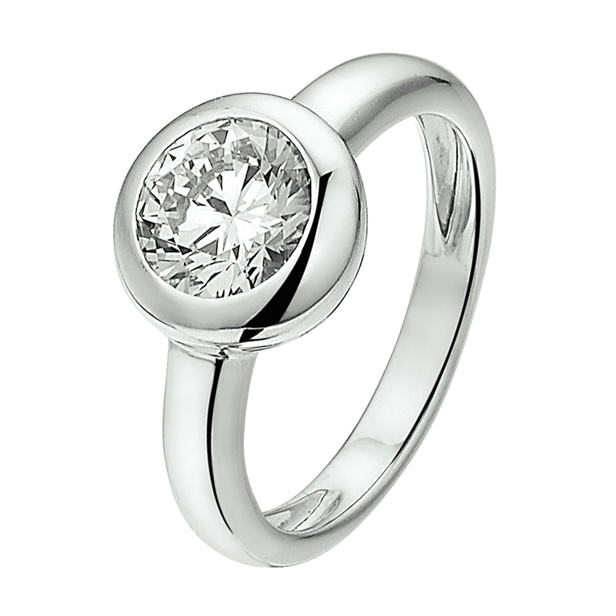 Stijlvol gerhodineerd zilveren damesring van 10mm breed en uitgevoerd met een briljant geslepen zirkonia in een stevige zetkast. De ring is te combineren met bijpassende sieraden uit onze collectie.
