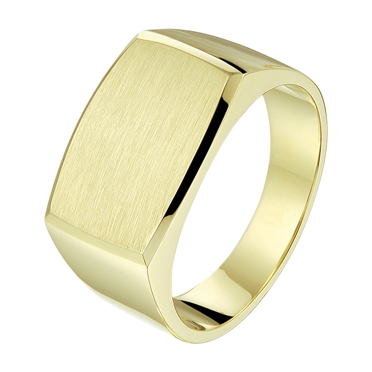 Stijlvolle geelgouden massieve graveerring met een afmeting van 12x17mm. De gediamanteerde afwerking en de robuuste afkantingen maken de ring helemaal af. De ring geeft je look direct een chique uitstraling.