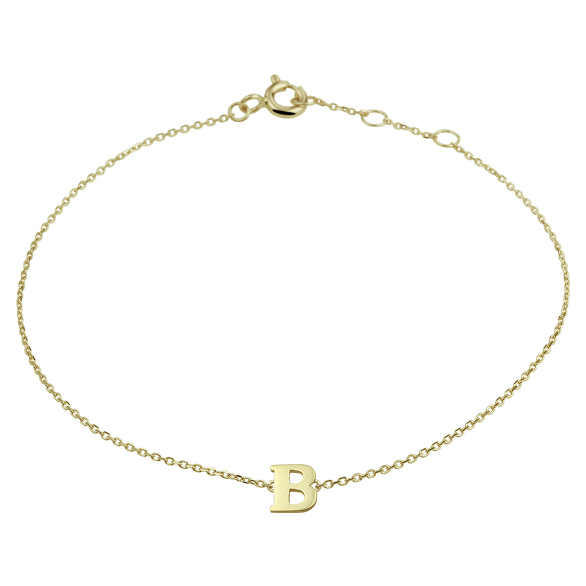14k Geelgouden anker armband uitgevoerd met de letter B. De armband heeft draaglengtes van 16.5, 17.5 en 18.5cm. De letter heeft een afmeting van 6x5mm.