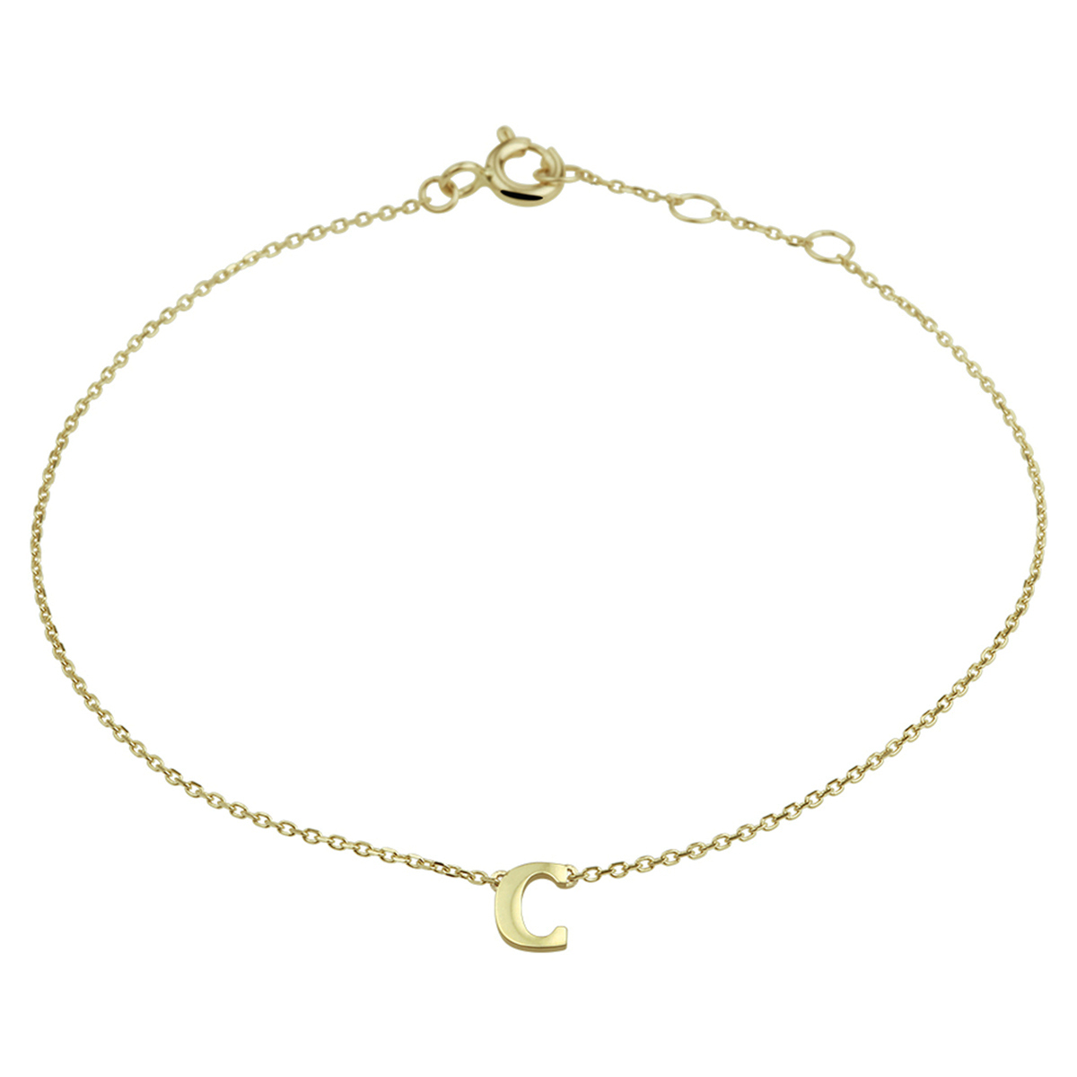 14k Geelgouden anker armband uitgevoerd met de letter C. De armband heeft draaglengtes van 16.5, 17.5 en 18.5cm. De letter heeft een afmeting van 6x4.5mm.