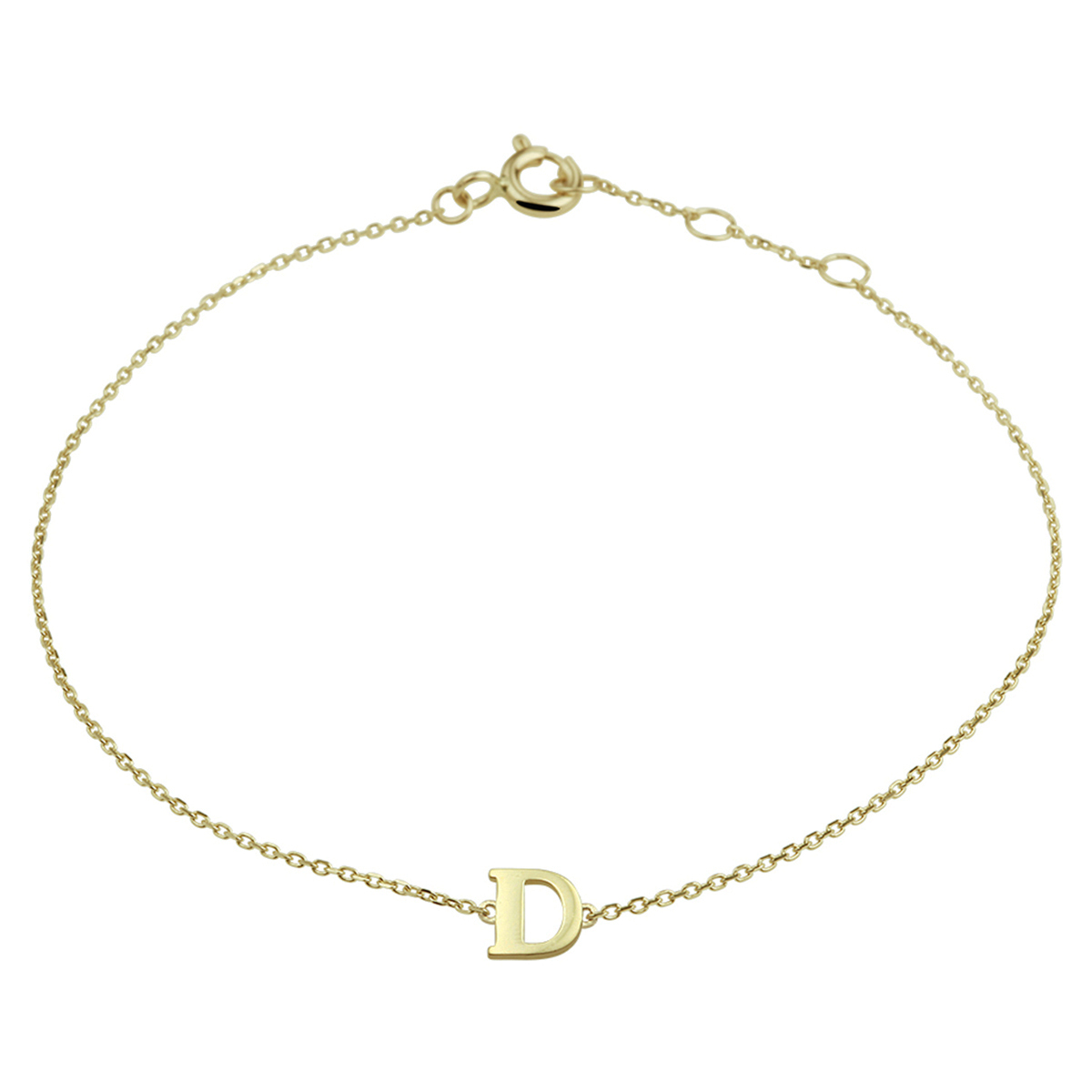 14k Geelgouden anker armband uitgevoerd met de letter D. De armband heeft draaglengtes van 16.5, 17.5 en 18.5cm. De letter heeft een afmeting van 6x5.5mm.