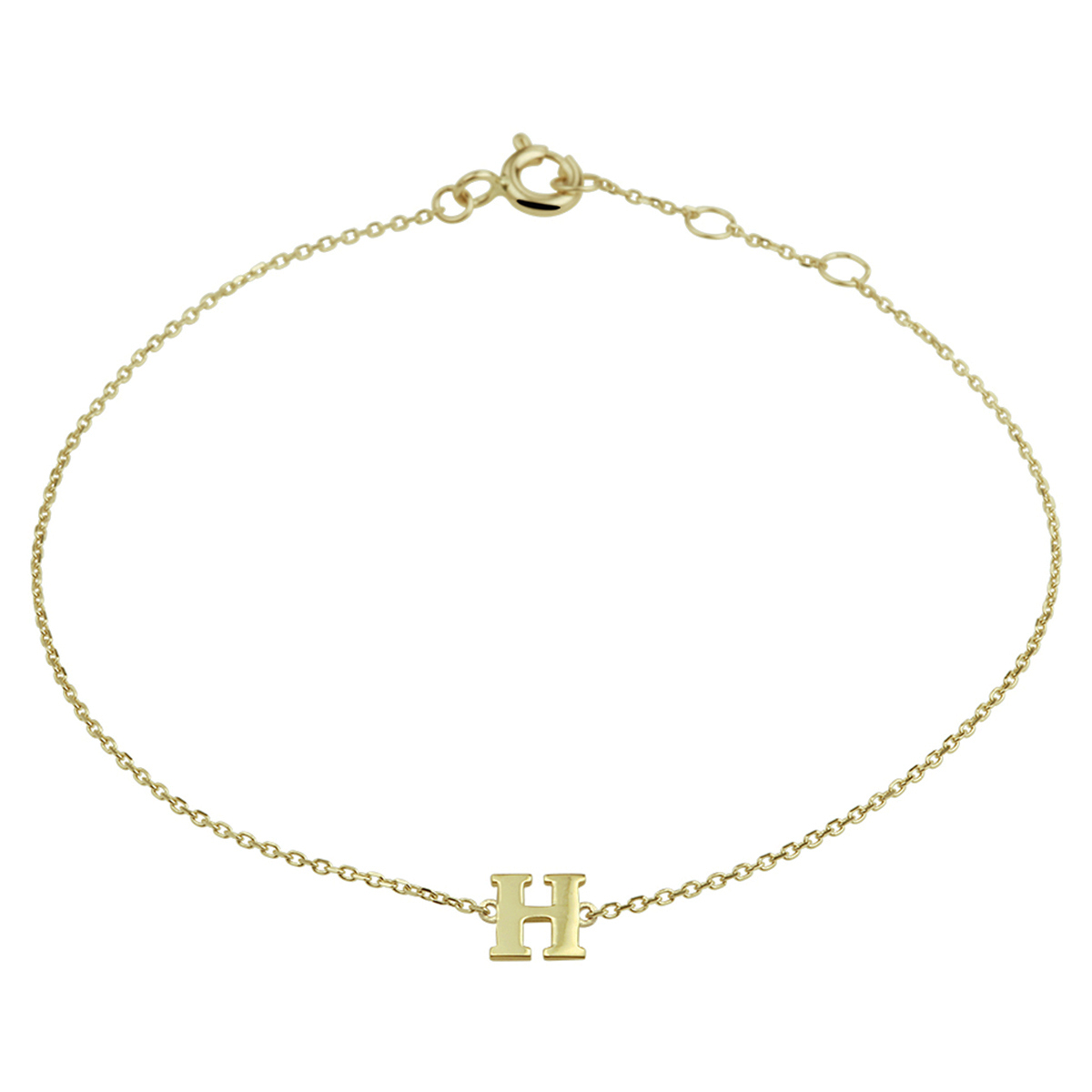 14k Geelgouden anker armband uitgevoerd met de letter H. De armband heeft draaglengtes van 16.5, 17.5 en 18.5cm. De letter heeft een afmeting van 6x5.5mm.