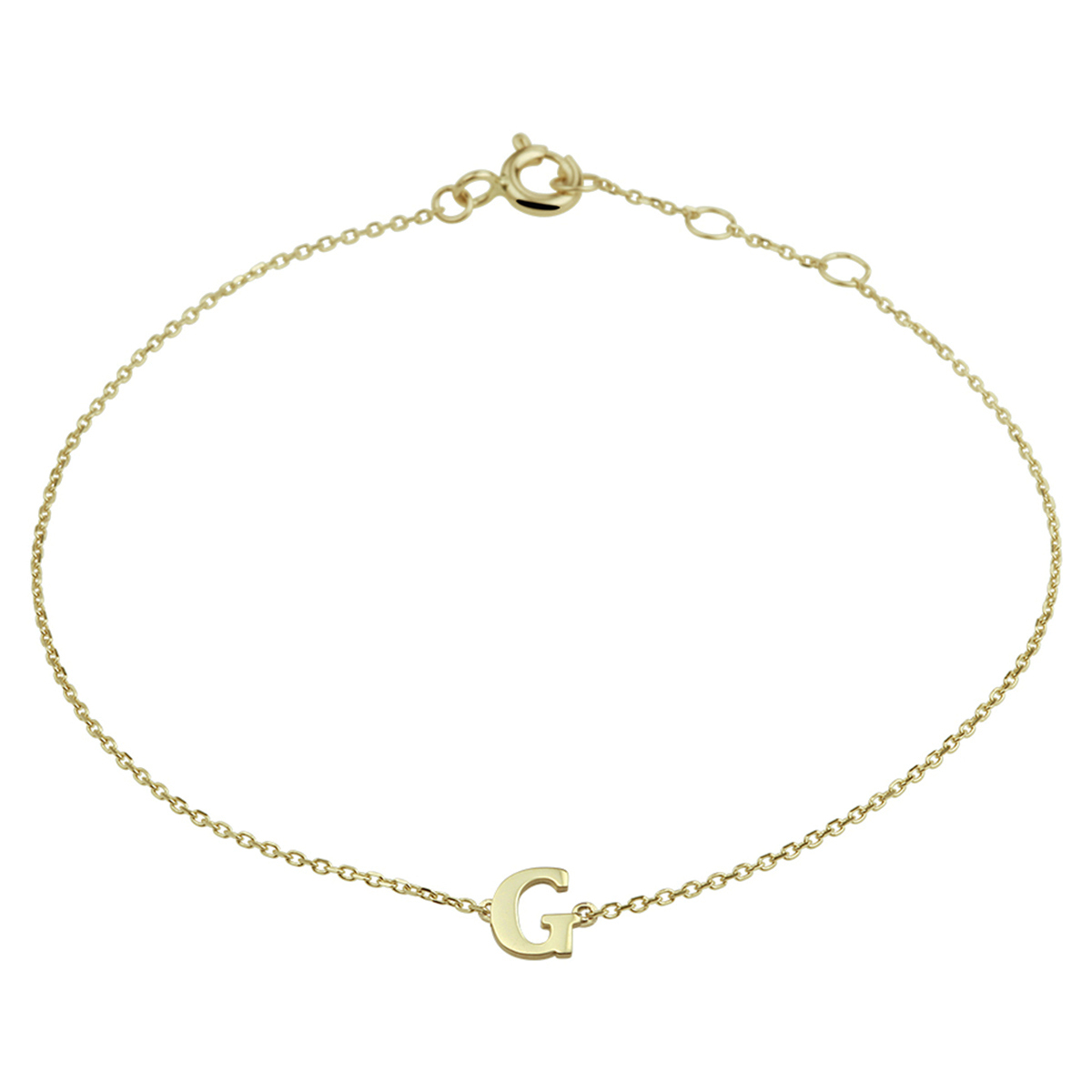 14k Geelgouden anker armband uitgevoerd met de letter G. De armband heeft draaglengtes van 16.5, 17.5 en 18.5cm. De letter heeft een afmeting van 6x5mm.