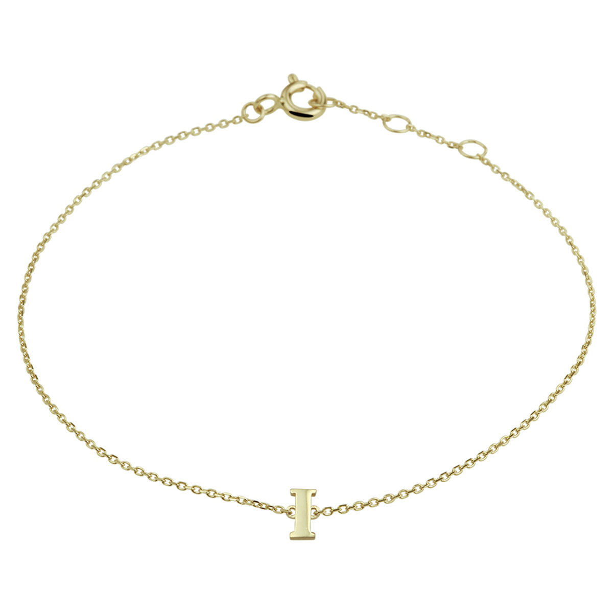14k Geelgouden anker armband uitgevoerd met de letter I. De armband heeft draaglengtes van 16.5, 17.5 en 18.5cm. De letter heeft een afmeting van 6x2.5mm.