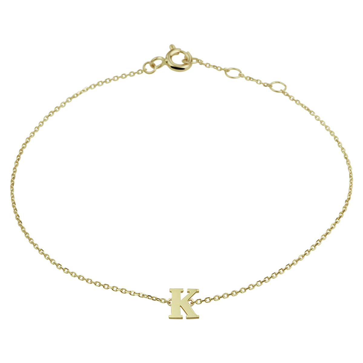 14k Geelgouden anker armband uitgevoerd met de letter K. De armband heeft draaglengtes van 16.5, 17.5 en 18.5cm. De letter heeft een afmeting van 6x5mm.