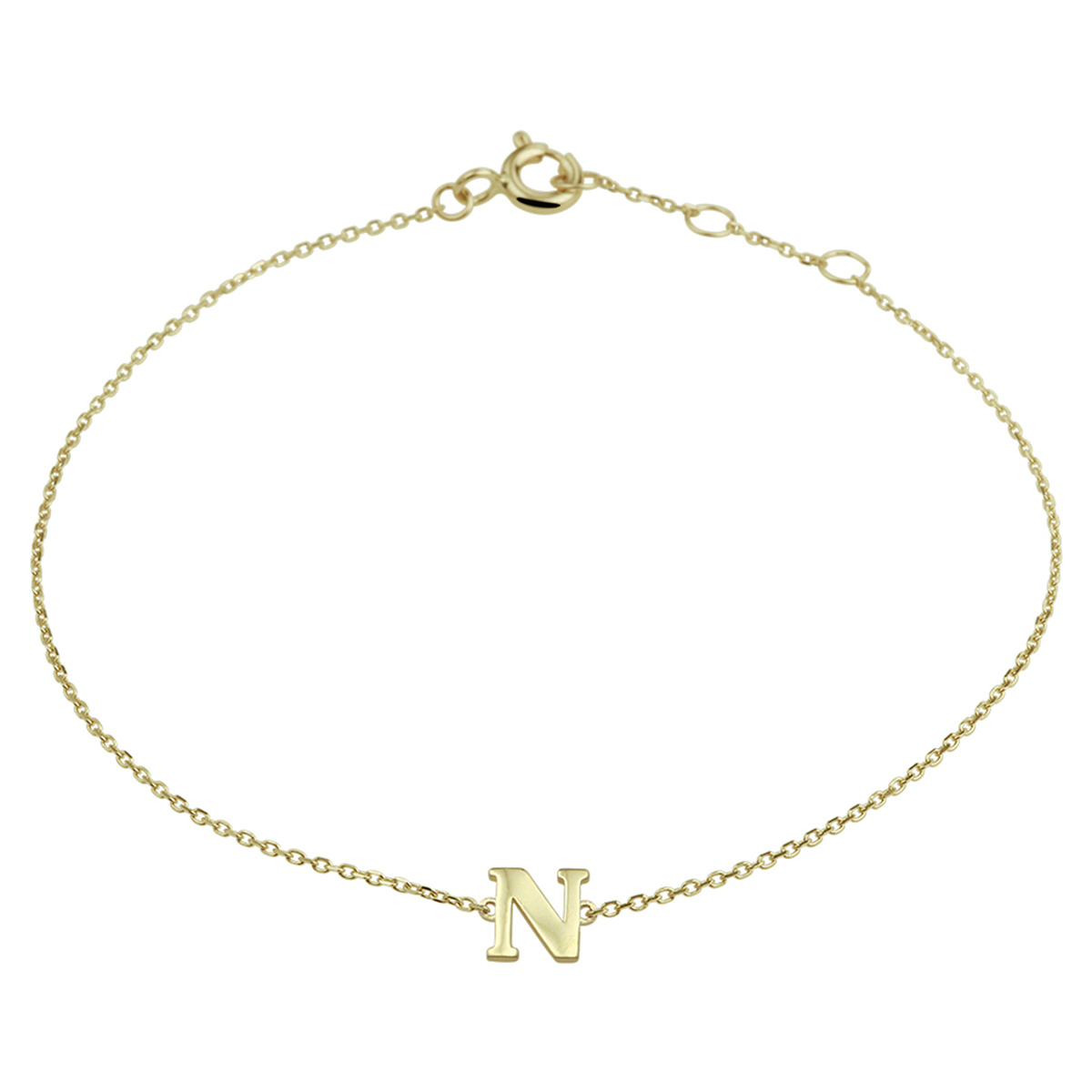 14k Geelgouden anker armband uitgevoerd met de letter N. De armband heeft draaglengtes van 16.5, 17.5 en 18.5cm. De letter heeft een afmeting van 6x5.5mm.