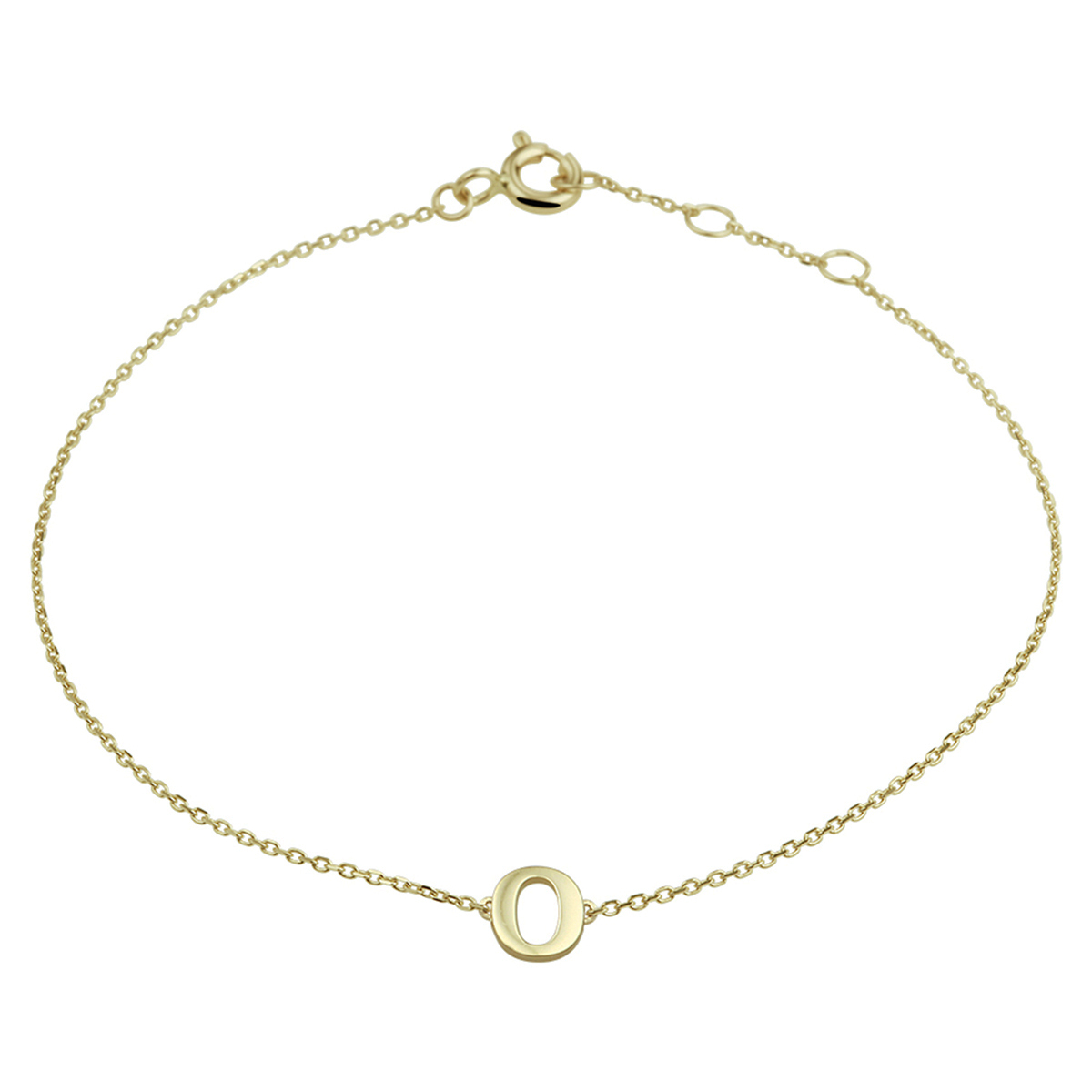 14k Geelgouden anker armband uitgevoerd met de letter O. De armband heeft draaglengtes van 16.5, 17.5 en 18.5cm. De letter heeft een afmeting van 6x5.5mm.