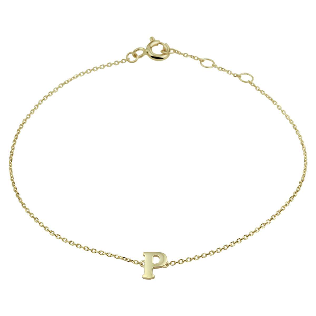 14k Geelgouden anker armband uitgevoerd met de letter P. De armband heeft draaglengtes van 16.5, 17.5 en 18.5cm. De letter heeft een afmeting van 6x5mm.