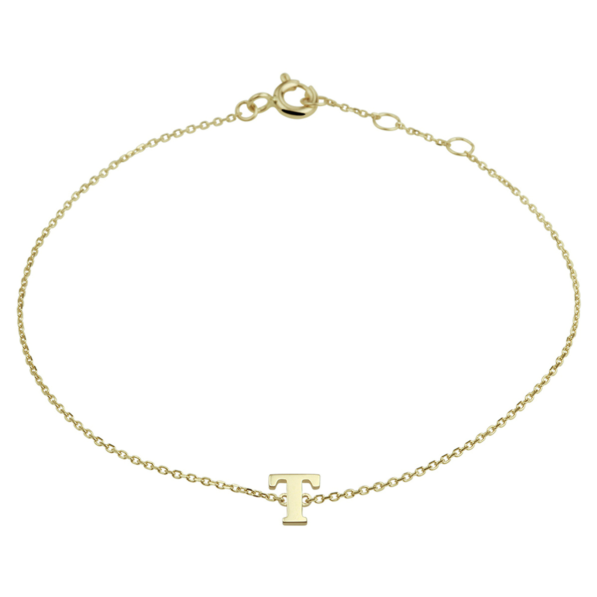 14k Geelgouden anker armband uitgevoerd met de letter T. De armband heeft draaglengtes van 16.5, 17.5 en 18.5cm. De letter heeft een afmeting van 6x5.5mm.