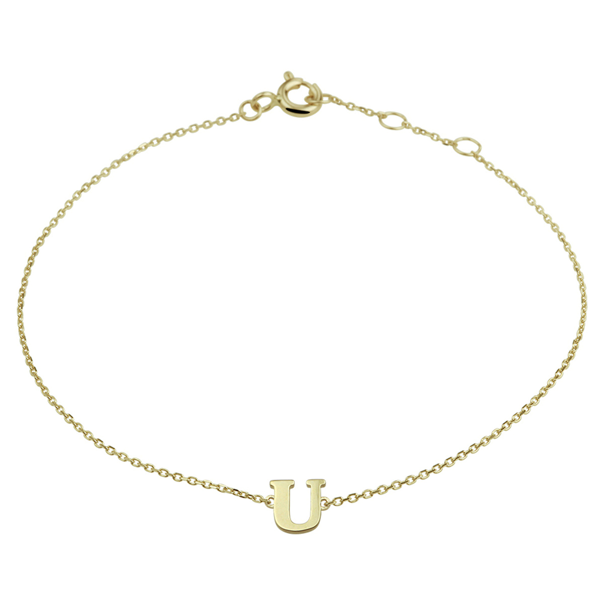 14k Geelgouden anker armband uitgevoerd met de letter U. De armband heeft draaglengtes van 16.5, 17.5 en 18.5cm. De letter heeft een afmeting van 6x5.5mm.